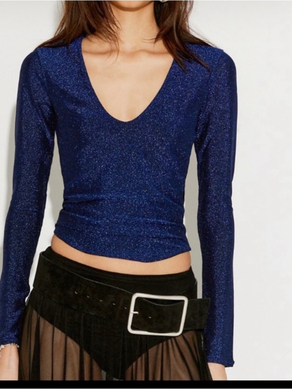 FREE PEOPLE SHIMMER HOUR LONG SLEEVE TOP DEEP DARK BLUE M L